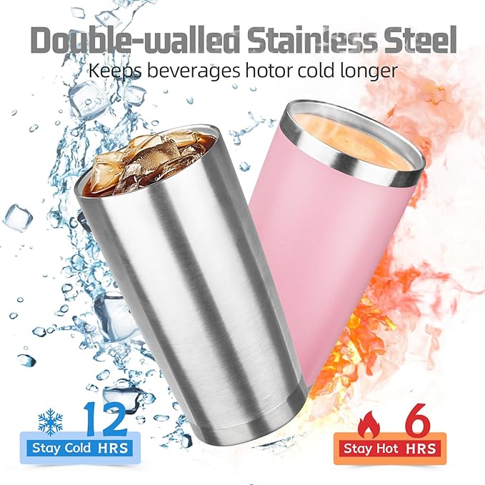 20 oz Tumbler with Lids and Straws, Stainless Steel Insulated Travel Coffee Mug, Double Wall Vacuum Insulated Tumblers, Powder Coated Coffee Tumbler for Cold & Hot Drinks (Silver)