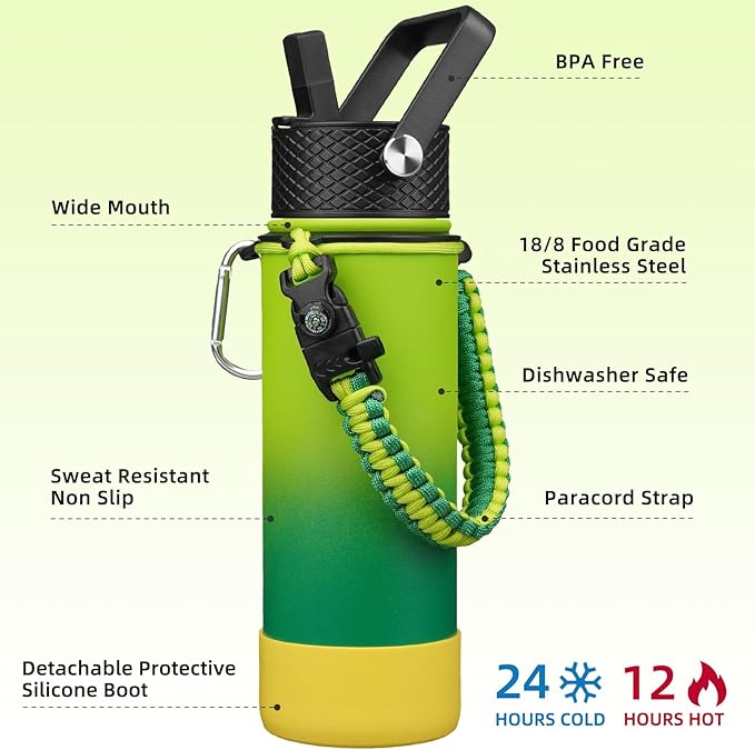 BJPKPK Insulated Water Bottle with Straw Lid, 22oz Thermo Water Bottles with 3 Lids, Paracord Handle & Non-slip Boot, BPA Free Leak Proof Stainless Steel Tumblers,Bamboo Grove