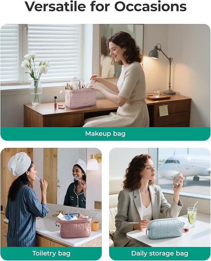 BAGSMART Makeup Bag Travel Toiletry Bag, Puffy Padded Make Up Bags for Women Makeup Organizer Case, Wide-open Pouch Purse Travel Essentials Toiletries Accessories Brushes, Chocolate