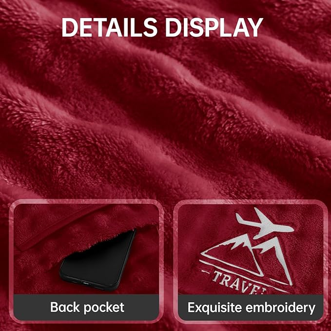 Travel Blanket and Pillow-2-in-1, Ultra-Soft&Compact, One-Piece Airplane Blanket with Hand Luggage Belt and Backpack Clip,Travelers Accessories Gifts, 61x43 Inches（Burgundy）