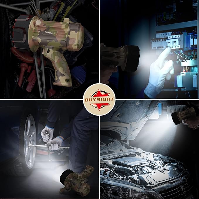 BUYSIGHT Rechargeable Spotlight Flashlight,Super high lumens Hand held Spotlight Waterproof Flashlight Hunting Lamp with red Filter (Camouflage Grey)