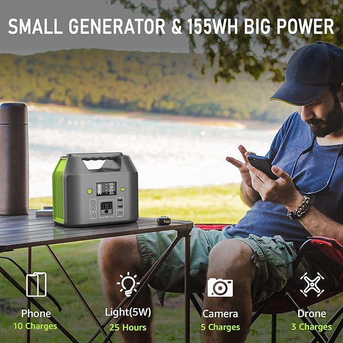 EnginStar 155Wh Power Bank 150Wh Portable Power Station 110v Battery Pack 6 Outputs w/AC Outlet LED Light for Outdoor Camping Road Trip Emergency