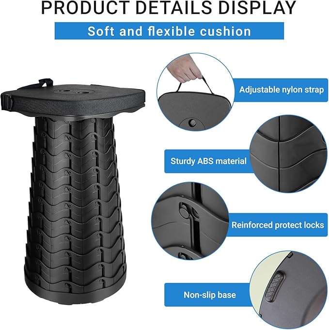 Upgraded Square Folding Stool, Max Load Capacity 485lbs, Portable Collapsible Seat, Telescoping Foldable Stool for Camping,Fishing,Hiking,Travel