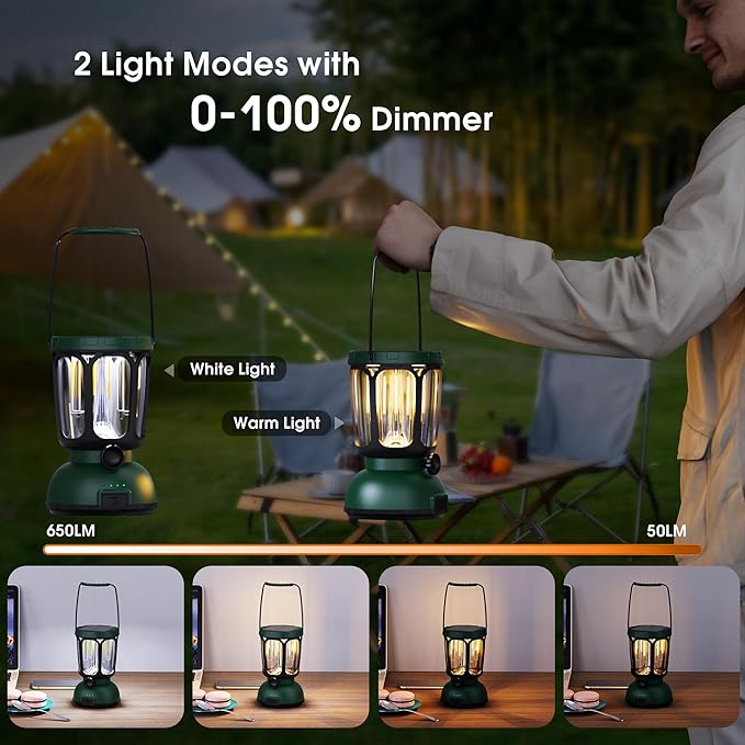 Mesqool Camping Lantern Rechargeable Battery 6000mAh, 650LM LED Lanterns for Power Outages Emergency Hurricane, Solar Hand Crank Lantern for 200 Hours