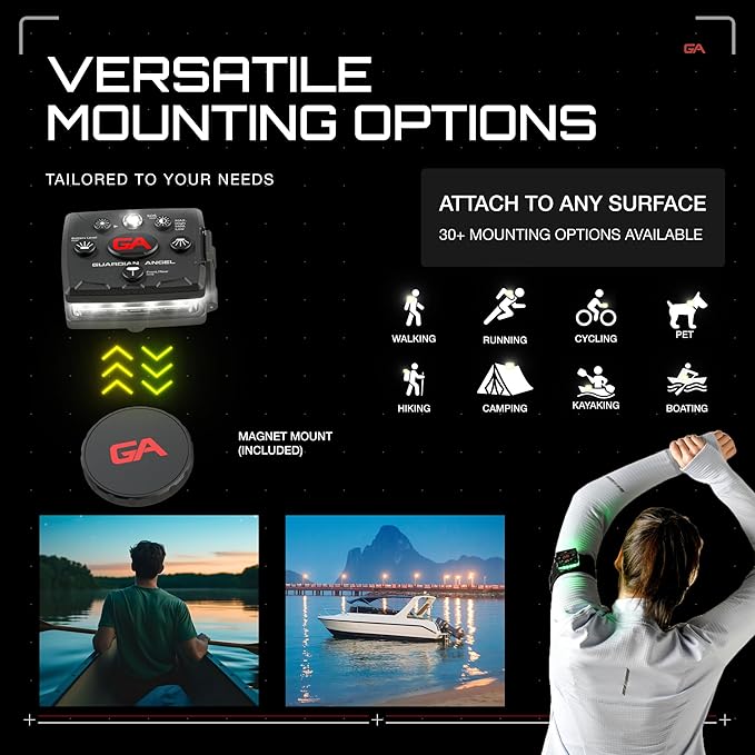 Guardian Angel Micro Series Safety Lights (All White Front & Yellow Rear) - Rechargeable, Magnetic & Hands-Free LED Flashlight for Dog Walking, Running, Cycling, Hiking, Camping, Fishing & More