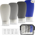 Travel Bottles for Toiletries, TSA Approved 3oz Leak Proof Silicone Refillable Squeeze Travel Size Containers BPA Free for Cleansers, Lotions, Shampoo, Conditioner 4pk With Bag(W,G,Blk,Bl)