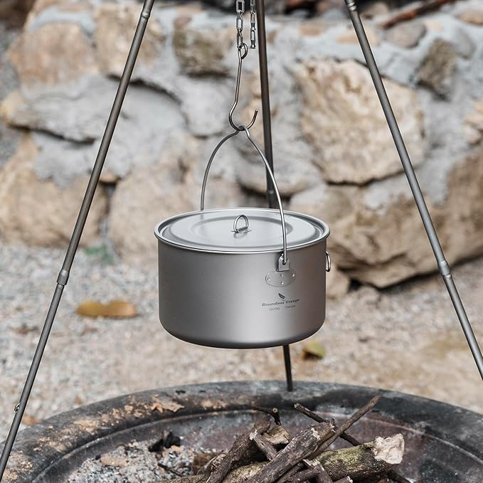 iBasingo Titanium Camping Pot with Lid 2.9L Ultralight Backpacking Cookware with Foldable Handle for Hiking, Picnic & Outdoor Durable Portable Metal Cooking Ti Hanging Pot Ti2045C