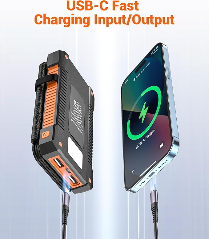 Solar Power Bank 38800mAh with 4 Solar Panels, Portable Charger USB C 18W Fast Charging for iPhone Samsung, IP67 Waterproof Outdoor External Battery Pack with Flashlight Light/SOS/Strobe