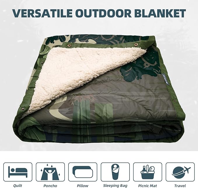 Outdoor Camping Blanket with Sherpa Lining, Extra Warm Thick Camp Blankets and Puffy Ultralight Soft Poncho DWR Camping Quilt for Cold Weather, Adventure, Sleeping, Backpacking 78"x 56"