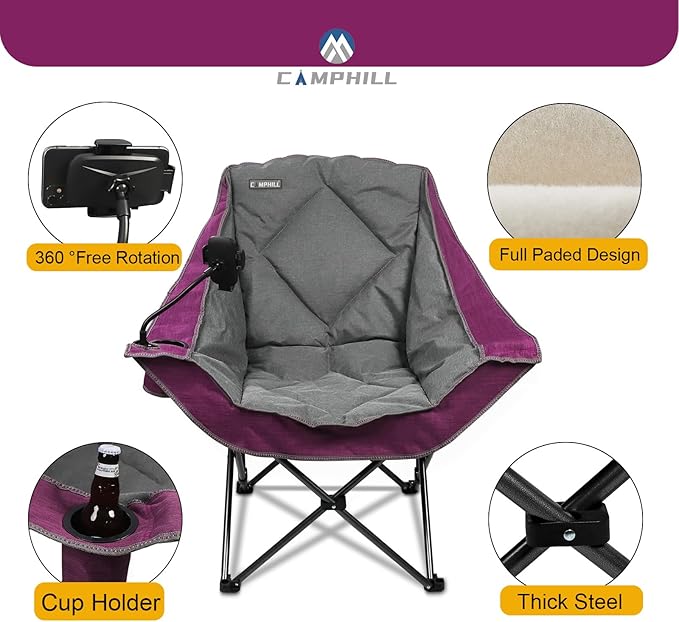 Folding Camping Chair,Oversized Portable Camping Chair with Cup Holder and Phone Holder,Heavy Duty Padded Lawn Chair for Camping, Tailgates, Beach, and Sports