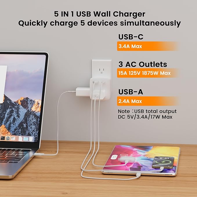 Multi Plug Outlet Extender, 3 AC Outlets with 2 USB Charging Ports (1 USB-C/1 USB-A), 3-Sided Power Strip with Lip, Small Wall Tap Plug Splitter for Cruise Dorm Essentials Home Office, ETL Listed