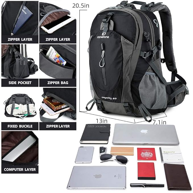 FENGDONG 40L Waterproof Lightweight Outdoor Daypack Hiking,Camping,Travel Backpack for Men Women Black