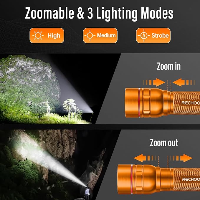 Rechargeable Flashlights High Lumens, G1000 Super Bright Flash Light 2 Pack, Small Zoomable LED Flashlight with 3 Lighting Modes, Portable Flashlight for Camping Essentials (Battery Included)-Orange