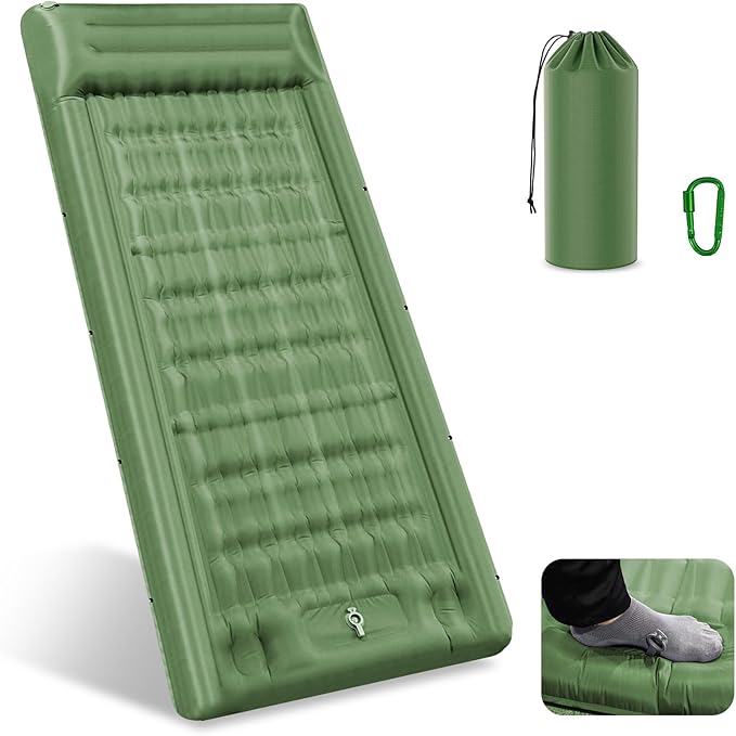 Sleeping Pad for Camping, 32.68 Inch Extra Wide Inflatable Camping Mat with Pillow and Built-in Foot Pump, Air Mattress 5.11 Inch Extra Thick for Tent (Army Green)