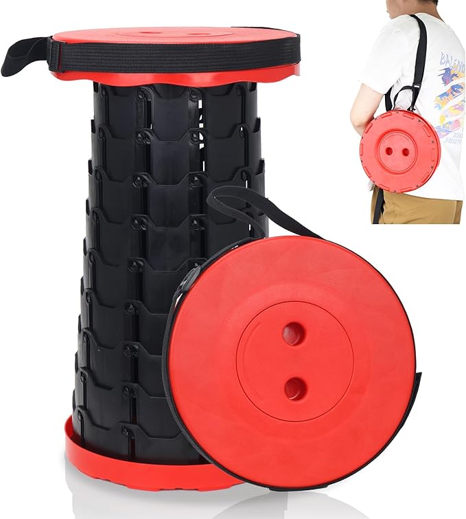 Upgraded Camping Folding Stool with Carrying Straps Lightweight Yet More Sturdy with Load Capacity 450lbs Portable Collapsible Retractable for Camping Fishing Hiking BBQ（Red-Black）