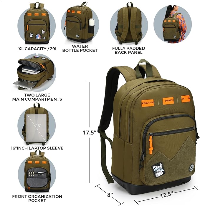 Swissdigital Design Big Student Laptop Backpack with Fun Personalized Patches For College Boy & Girl, Middle High School Teen Bookbag Cool Travel Daypack Olive - Includes 3 Patches | SD1718-26
