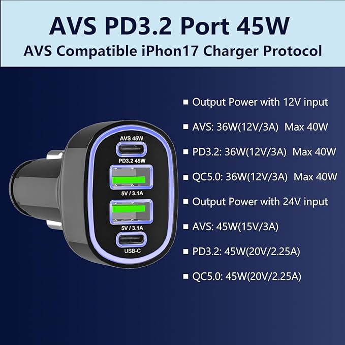USB C Car Charger Adapter, AVS PD 3.2 QC 5.0 USB Charger, Multi Port Cigarette Lighter Car Phone Charger Compatible with MacBook iPhone 17 16 15 Pro Max iPad, Galaxy S26 25 24 Ultra.
