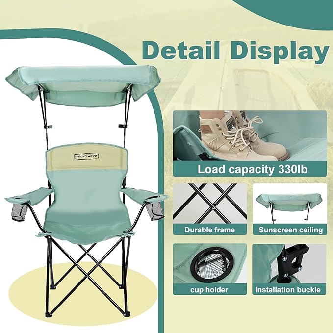 YOUNG WOOD Portable Camping Chair Beach Chair with Shade Canopy, Fold Lightweight Oversized for All, Easy to Open and Close Without Installation, Side Pocket Design for All Outdoor Activities，Blue