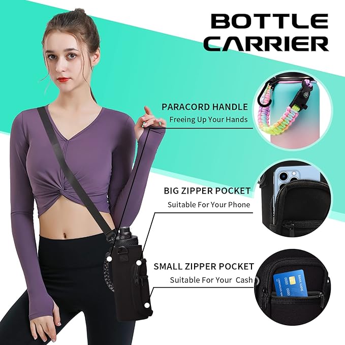 Insulated Stainless Steel Water Bottle - 32/40/64/128 oz Water Bottles with Straw & Spout Lids, Paracord Handle and Carrier Pouch, Workout Water Flask Bottle for Women Men Sport Activities