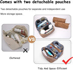 BOYATU Travel Makeup Bags Cosmetic Organizer Bag: 3-Set Large Capacity Make up Bag - PU Leather Toiletry Bags for Women - Wide Open Portable Pouch with Divider & Handle (01-Z-Brown)