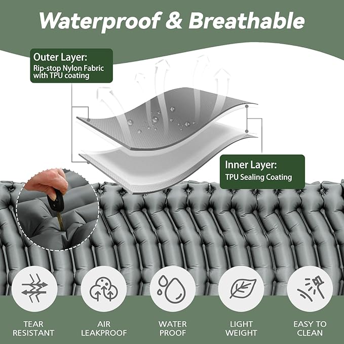 Sleeping Pad for Camping - Ultralight Camping Mattress with Pillow, Built-in Foot Pump, Compact Inflatable Portable Mat for Backpacking, Hiking, Car Traveling, Beach, Tent