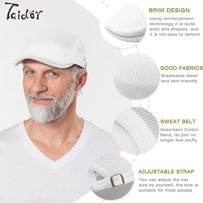 2 Pack Men's Mesh Cap Breathable Summer Newsboy Hat Adjustable Beret Ivy Cap Irish Cabbie Driving Hunting Hats