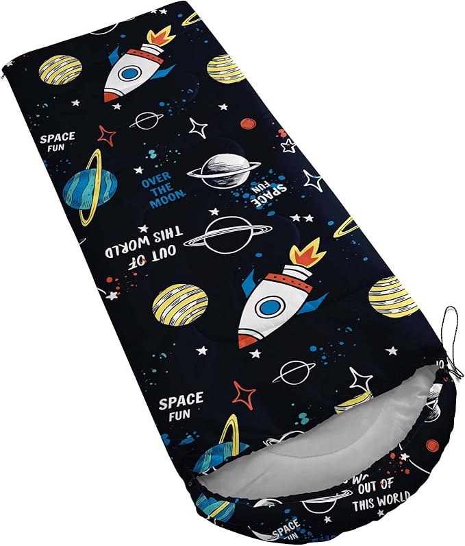 Kids Sleeping Bag for Boys Girls,Rocket Moon Print-Lightweight Warm Portable Outdoor Indoor-Waterproof Cold Weather Resistant Sleeping Bag for Camping Hiking