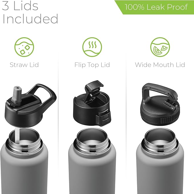 SipX™ Triple-Insulated Stainless Steel Water Bottle 40oz. With 3 Lids, BPA-Free Reusable Insulated Water Bottle Keeps Cold 24 Hours, Metal Water Bottle Made Of Sustainable Material For Hiking & Biking