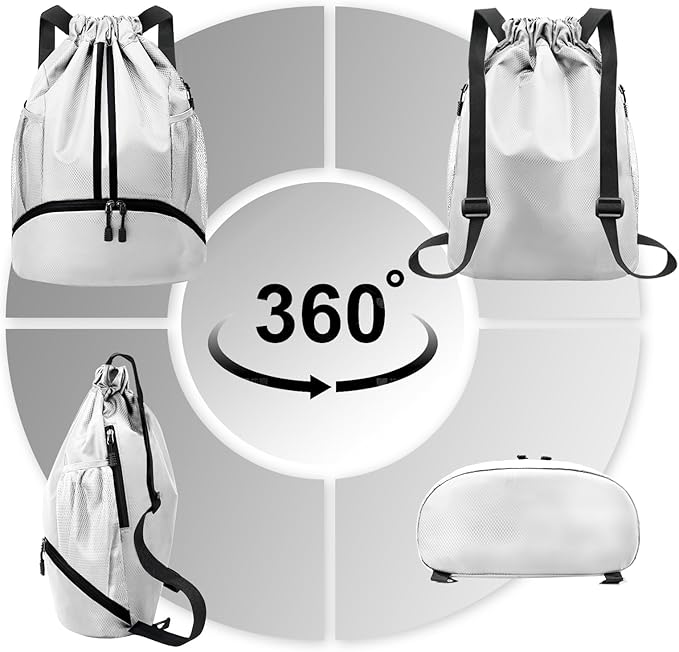 Hoedia Sports Drawstring Backpack - String Swim Gym Bag with Shoes Compartment and Wet Proof Pocket for Women and Men