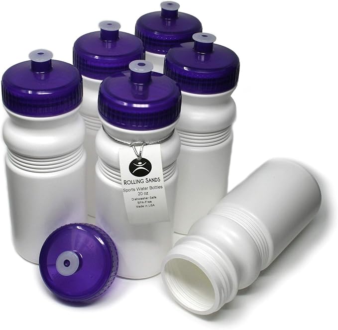 Rolling Sands USA Made 20 Ounce Sports Water Bottles - 6-Pack BPA-Free Blank Sports Bottles for Small Teams, Adults & Kids - White Bottle/Purple Lid, No Smell No Taste