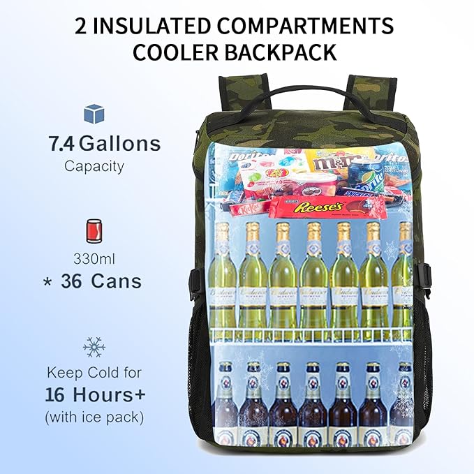 Kalesi Cooler Backpack 36 Cans Lightweight Insulated Backpack Cooler Leak-Proof Travel Camping Lunch Backpack Outdoor Cutlery Backpack for Men and Women