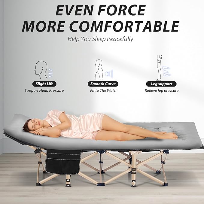 Folding Camping Cot for Sleeping, Portable Cots for Adults, Heavy Duty Cot Bed 550LBS(Max Load), Extra Wider Cots with Large Pocket for Outdoor, Office, Beach