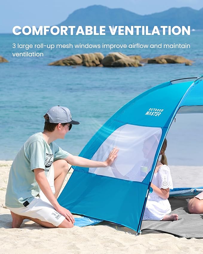 OutdoorMaster Beach Tent for 3/4 Person - Easy Setup Sun Shade Shelter, Portable Beach Shade Sun Canopy with UPF 50+ UV Protection, Removable Skylight Family Size