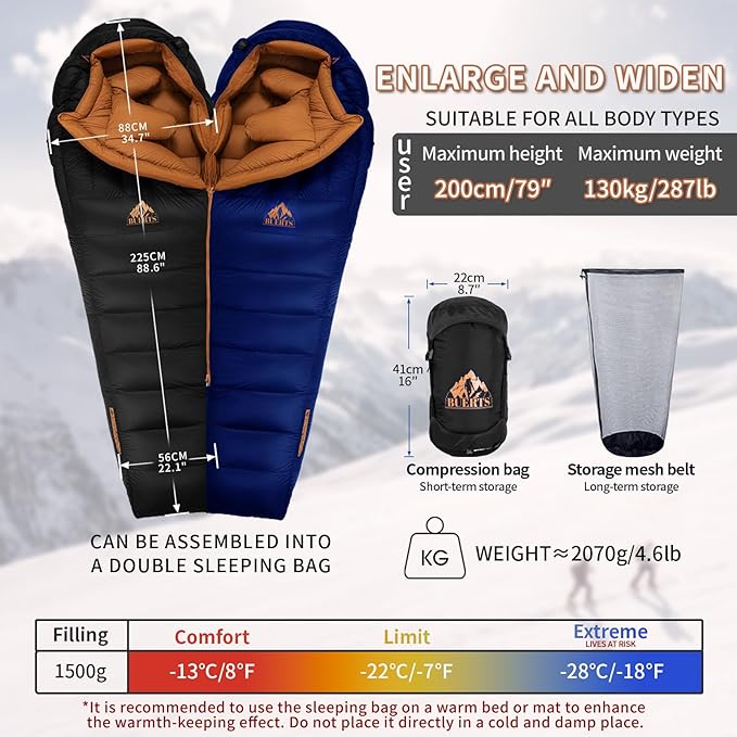 Down Backpacking Sleeping Bag for Cold Weather 45°F to -11°F, XXL Large Ultralight Sleeping Bag Ideal for Adults Camping, Hiking and Backpacking.