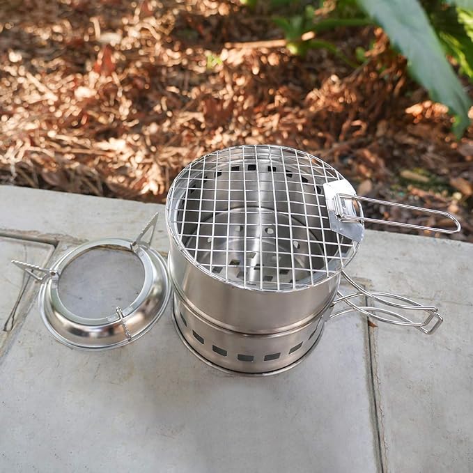 TOMSHOO Portable Folding Windproof Wood Burning Stove Compact Stainless Steel Alcohol Stove Outdoor Camping Hiking Backpacking Picnic BBQ
