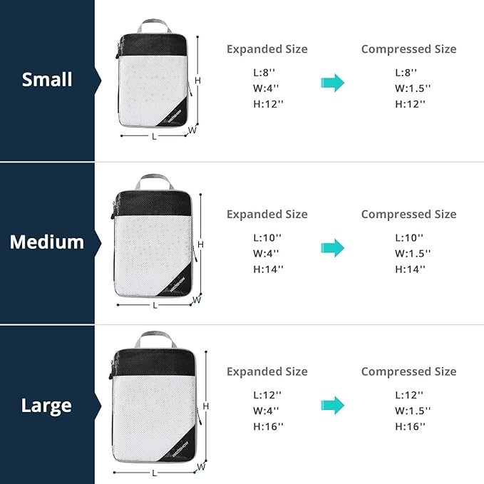 6 Set Compression Packing Cubes for Travel - Compressible, Lightweight, and Space-Saving Packing Cubes, Travel Essentials for Women, Black