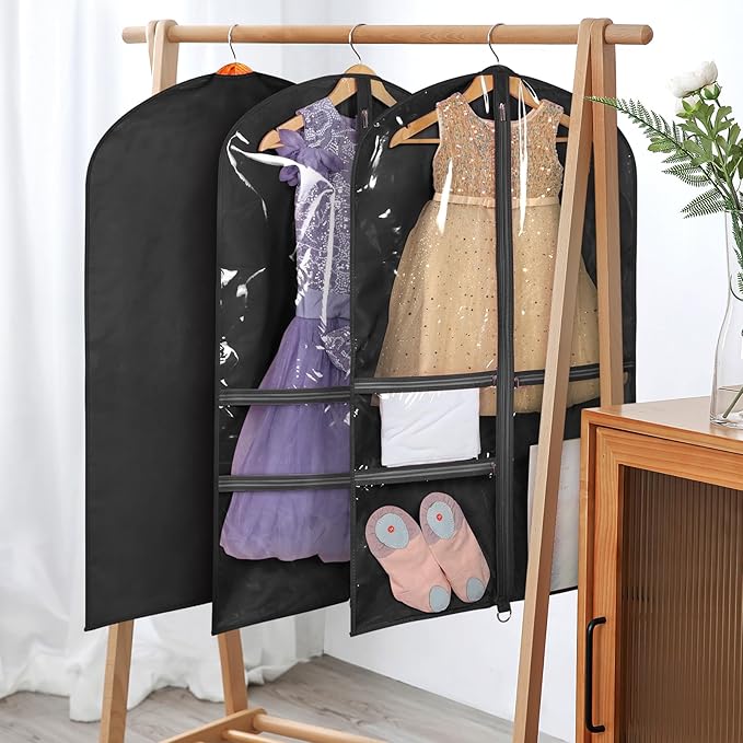 Univivi Dance Costume Bags Garment Bag 40 Inch Hanging Clothes for Dance Competitions, with 3 Medium Clear Zipper Pockets for Dance Costumes, Closet Storage (Black) - 4 Pack