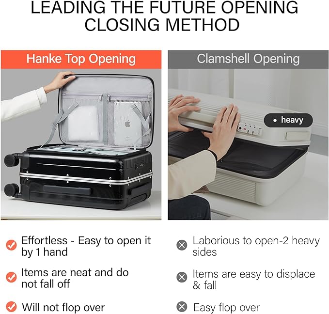 Hanke 24 Inch Checked Luggage PC Hard Shell Suitcases for Travel Front Opening Aluminum Frame Travel Luggage Rolling Suitcase with Wheels.(Jet Black)