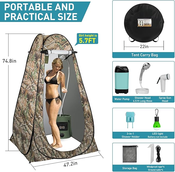 Portable Camping Shower, Pop Up Shower Privacy Tent Kit with LED Lights, 4500mAh Rechargeable Shower Pump, Filtered Shower Head & 7.4 Gallons Foldable Bucket, Outdoor Shower for Hiking Beach, Travel