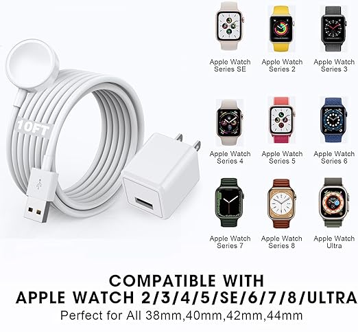 for Apple Watch Charger, 10FT Long iWatch Portable Wireless Fast Magnetic Charging Cable Cord with USB Wall Charger Adapter Block Plug Compatible with Apple Watch Series 10/Ultra/9/8/7/SE/6/5/4/3/2/1