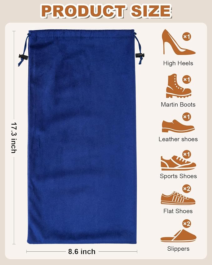 6 Pcs Single Shoe Bags for Travel, 17.3"x8.6" Washable Travel Shoe Bags for Packing in Suitcase, Velvet Dust Bag with Drawstring, Shoe Pouch for Women and Men, Travel and Home Storage(Palace Blue)