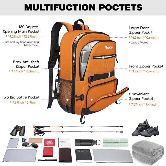 Seektop 40L Hiking Backpack Foldable Daypack for Women Men, Lightweight Travel Backpack Carry on Flight Approved Work Business Leisure Bag (Orange)