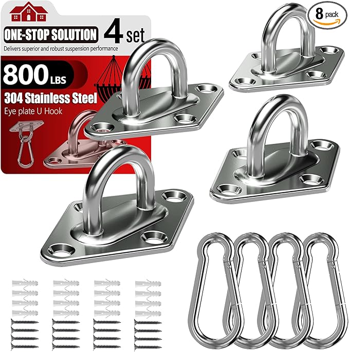 sprookber 304 Stainless Steel Pad Eye Snap Hooks, M6 Heavy Duty Ceiling Hooks, 800 lb Capacity Hammock Swing Hanging kit, Plant Hangers, Marine Hardware Staple Hook Loop with Screws, Set of 8
