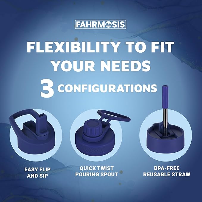 40 Oz Water Bottle with Straw Stainless Steel Sports Water Bottle with 3 Lids (Straw, Chug and Flip Lid) Insulated Leak Proof Metal Jug for Men & Women - Navy Blue