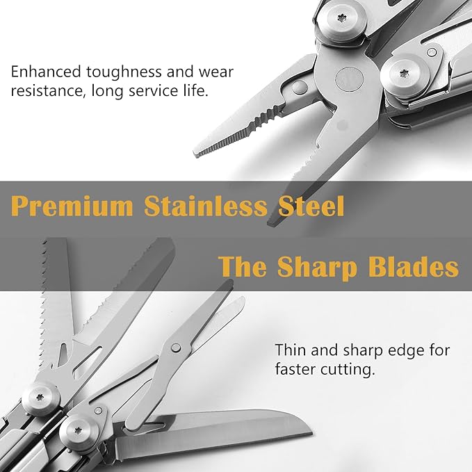 18-in-1 Multitool Pliers, Needle Nose Pliers with Pocket Clip, Pocket Knife set with Nylon Sheath, Wire Stripper, Scissors, Saw, Stainless Steel, Survival Gear for Camping, Hiking, Outdoor