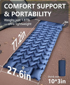 YOUXIU Camping Sleeping Pad, Extra Thickness 3'' Ultralight Inflatable Sleeping Mat with Built-in Foot Pump, Durable Compact Waterproof Camping Air Mattress for Tent,Backpacking,Hiking,Tent(Navy)