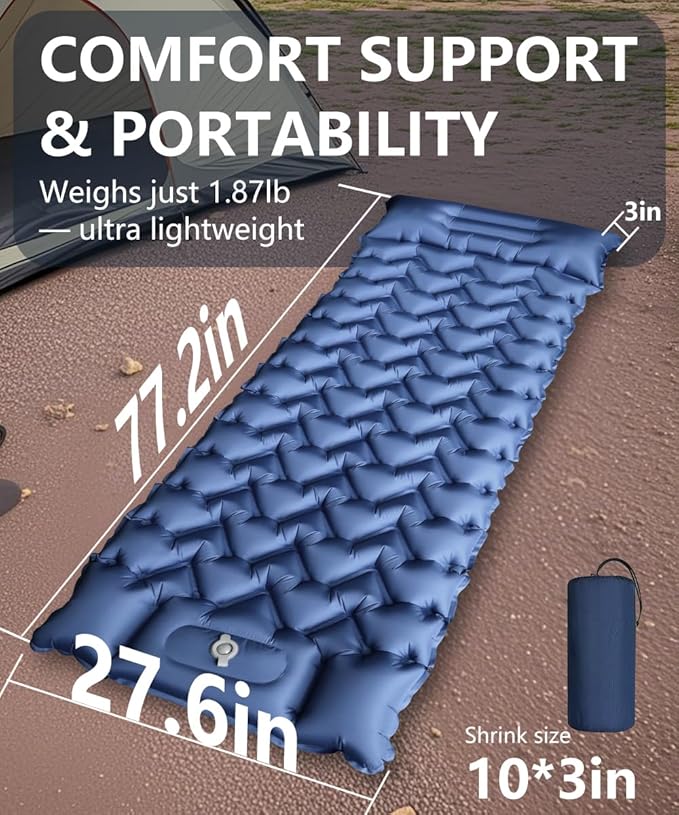 YOUXIU Camping Sleeping Pad, Extra Thickness 3'' Ultralight Inflatable Sleeping Mat with Built-in Foot Pump, Durable Compact Waterproof Camping Air Mattress for Tent,Backpacking,Hiking,Tent(Navy)