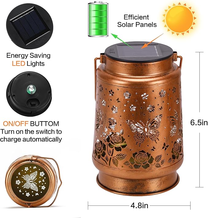 2 Pack Butterfly Solar Lanterns Outdoor Waterproof Rose Garden Decor Gifts for Women Mom Grandma Hanging Solar Lights Metal Lantern Decoration Outside for Yard,Patio,Backyard,Porch