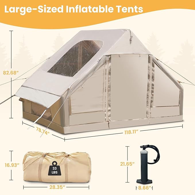 Outdoor Inflatable Camping Tent, 2/4/6/Person Glamping Inflatable Tents for Camping, Three Minutes Setup Tents,Beige Canvas with Mosquito-Proof Mesh Windows