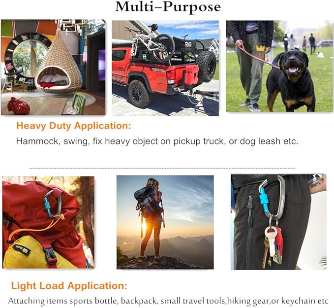 STURME Carabiner Clip 12KN Aluminium Wiregate Lightweight Heavy Duty Large Strong Durable D-Ring Hooks Spring Snap Link Keychain Clips Set for Hammock Improved Design 2022